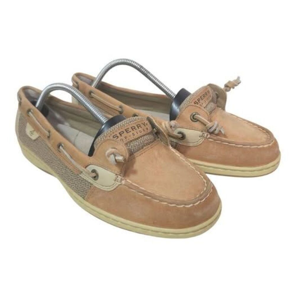 Sperry Angelfish Boat Shoes Tan Linen Oat Leather Mesh Women's Flats Size 10
